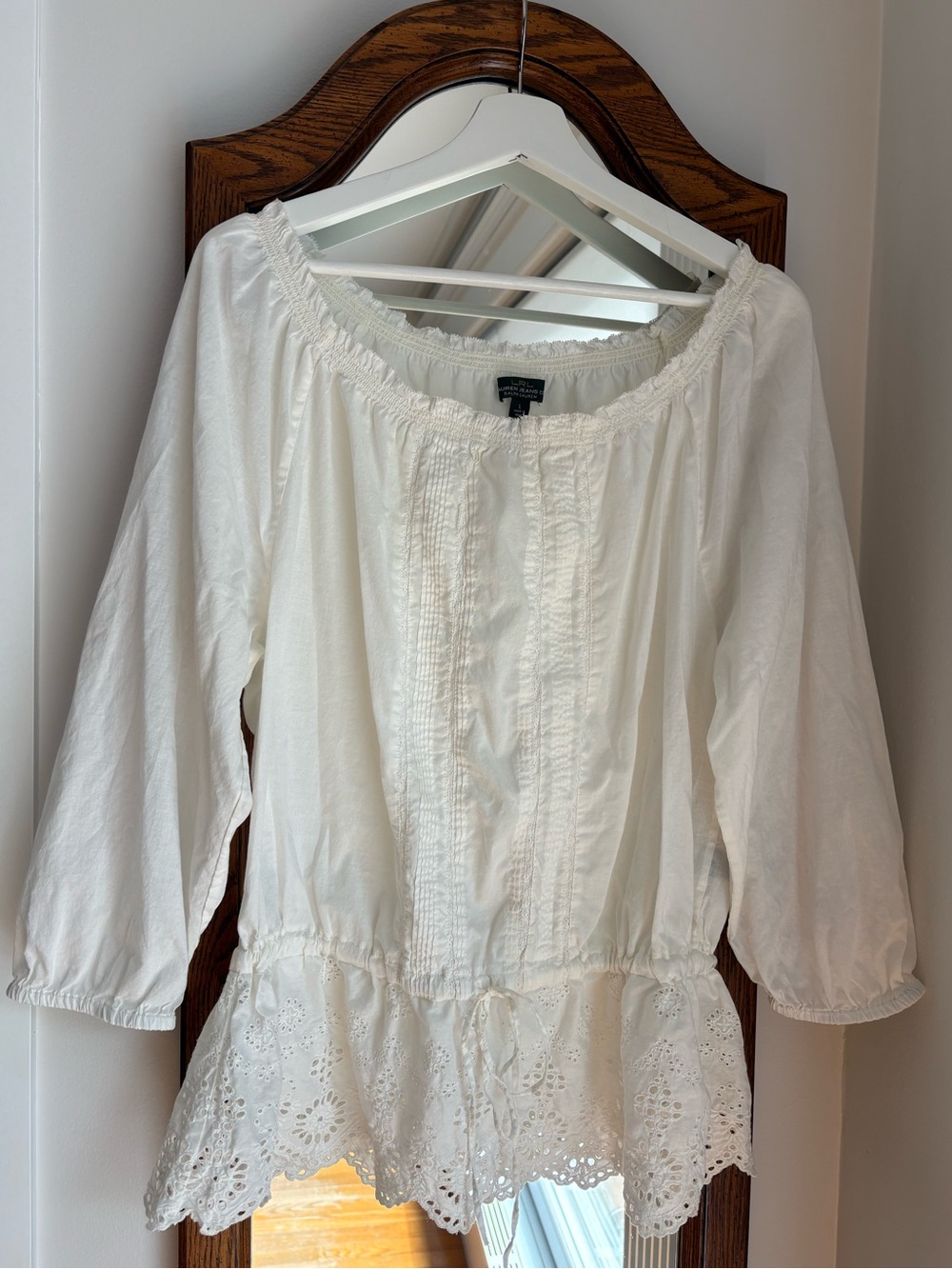 Lauren Ralph Lauren White Eyelet Hem Peasant Cotton Top